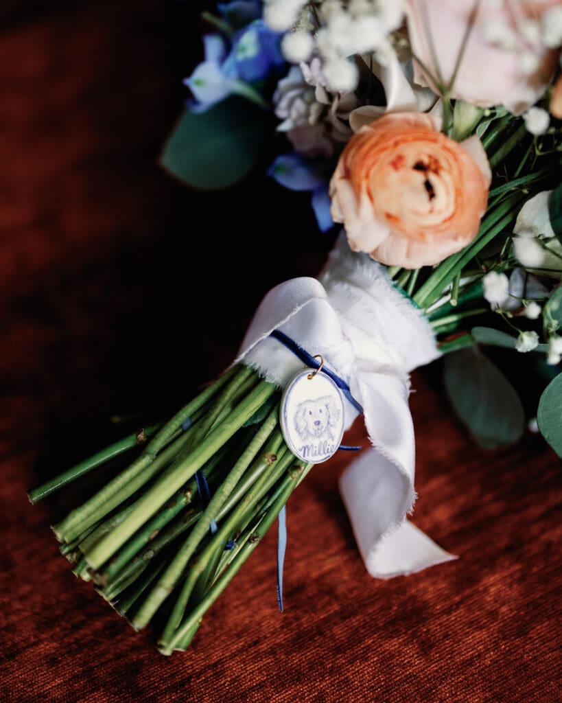 Bride bouquet detail with pastel florals during Pittsburgh Renaissance Hotel wedding morning
