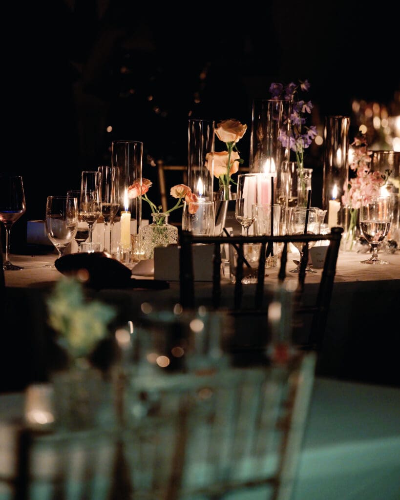 Wedding reception table details with candles and glass decor at Pittsburgh Renaissance Hotel