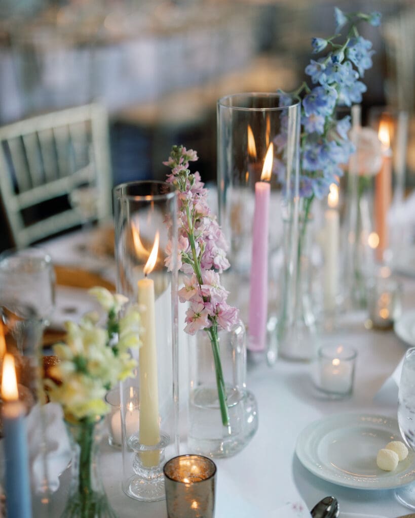 Wedding reception table details with candles and glass decor at Pittsburgh Renaissance Hotel
