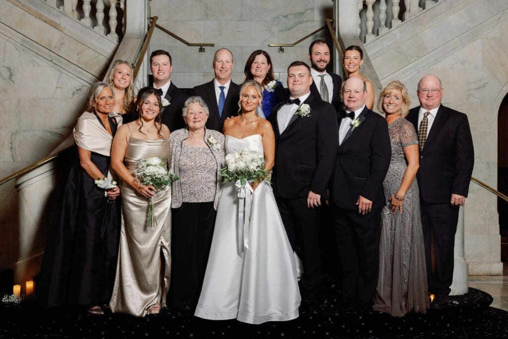 Bride and groom with family members during formal portraits at Renaissance Hotel Pittsburgh