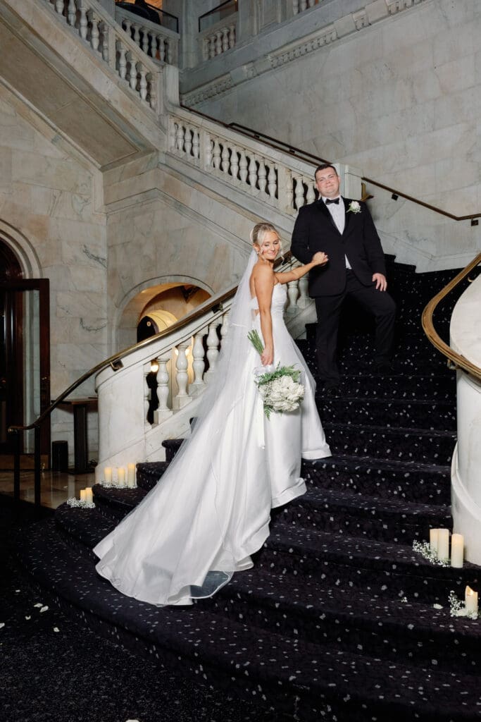 bride and groom portraits by Renaissance Hotel Pittsburgh wedding photographer on staircase